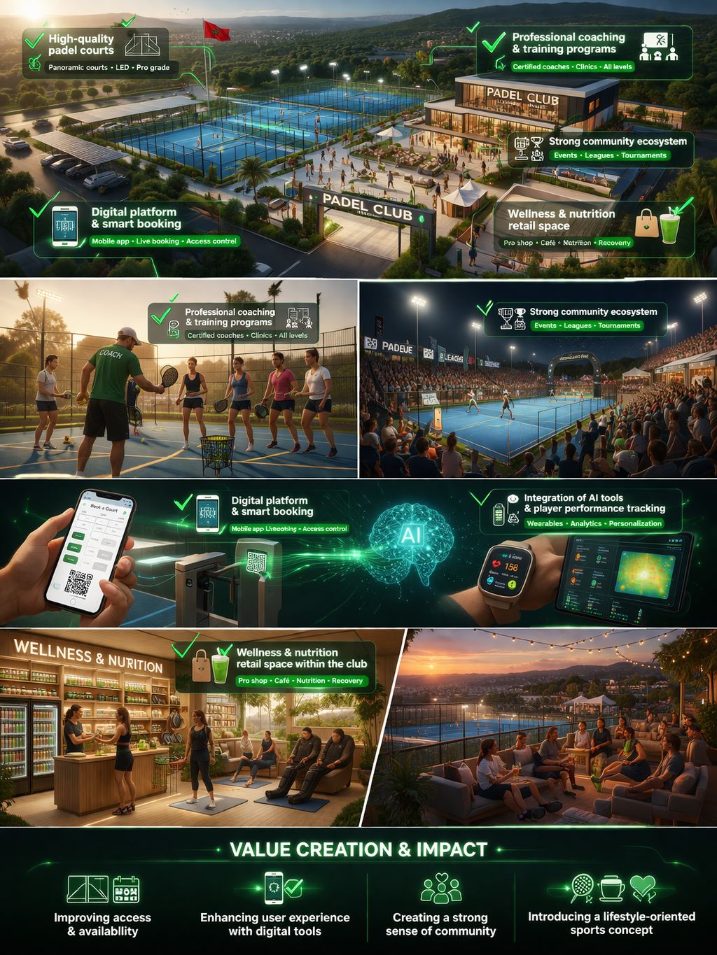 PadelSuite concept — high-quality courts, coaching, community, digital platform, AI tools, wellness and value creation